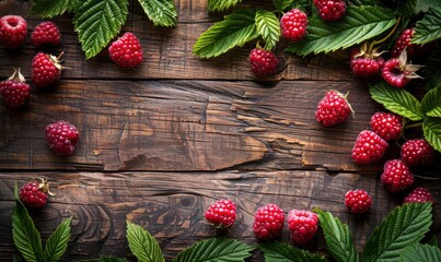 A bunch of red raspberries are on a wooden table. Free copy space for banner.