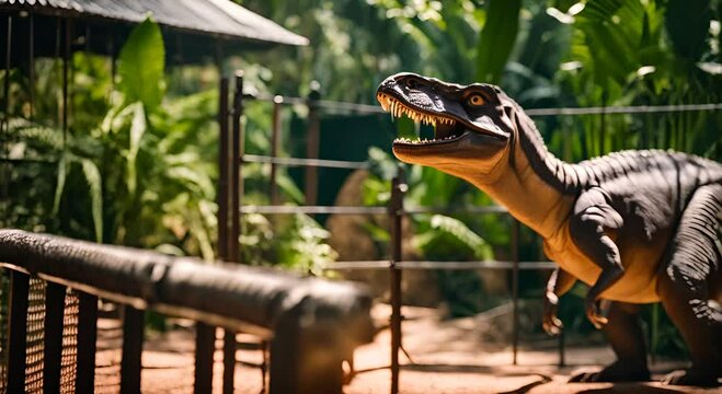 Dinosaurs in a zoo.
