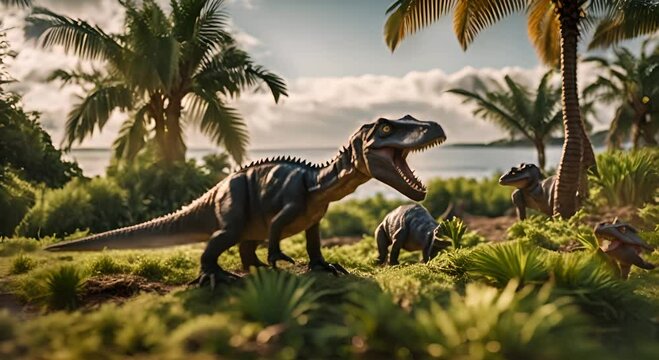 Dinosaurs in a zoo.