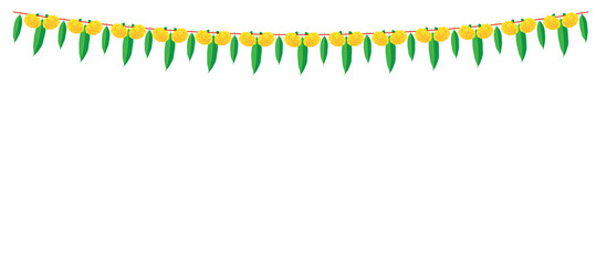 Fototapeta premium Beautiful indian vector yellow garland of marigold flower & mango leaves for diwali, dussehra, Indian Festivals and wedding background