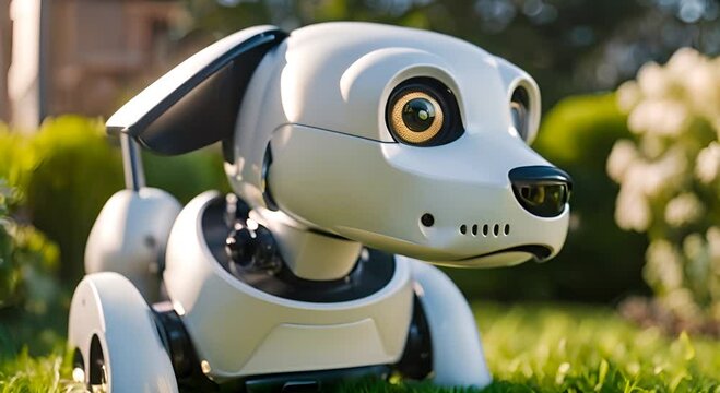 Robot dog in a garden.