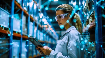 A female worker in a warehouse uses a tablet to manage inventory