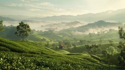 Obraz premium A lush green field with a small house in the middle