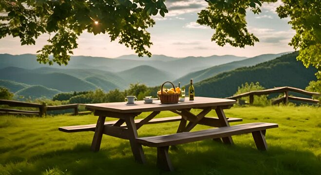 Picnic table on a mountain.