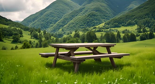 Picnic table on a mountain.