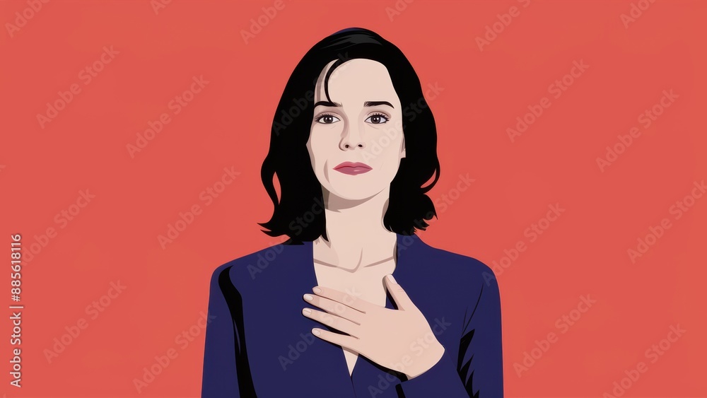 Poster a woman with a blue shirt and black jacket is holding her chest, ai