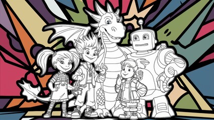 A group of cartoon characters standing in front of a colorful background, AI