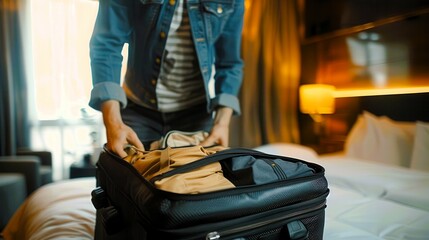 A person packing a suitcase in a hotel room, preparing for a trip.  The suitcase is open and filled with clothes.  The person is wearing casual clothing.