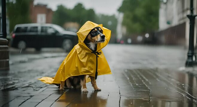Dog in a raincoat on a rainy day.