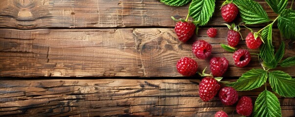A bunch of red raspberries are on a wooden table. Free copy space for banner.
