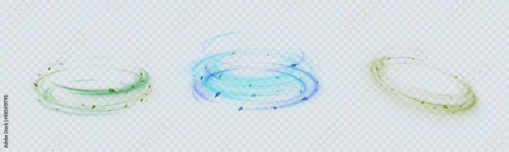 Poster Vortex vector. Bright wind lines swirl in a circle with flying particles of green leaves on a white background. Light effect for perfume design and pharmaceutical industry. Adobe Illustrator Artwork