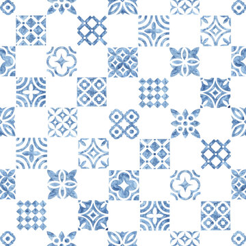 Portuguese tile azulejo blue and white watercolor pattern. Traditional ornament. A collection of various square tiles. Handmade on paper.