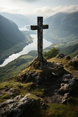 A cross on a hill with mountains in the background, generative IA