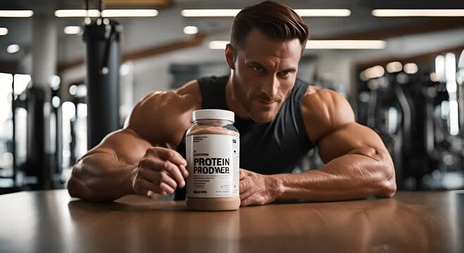 Athlete with protein powder. Protein powder jar.