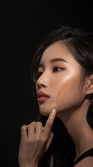 Obraz premium Asian model woman applies foundation with makeup brush on face. Close-up shot of beauty studio promo. Dark background focuses on facial features and hands.
