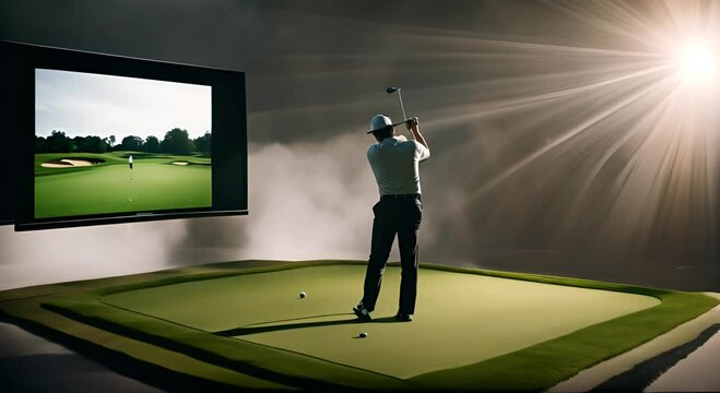 Modern golf simulator with a screen.