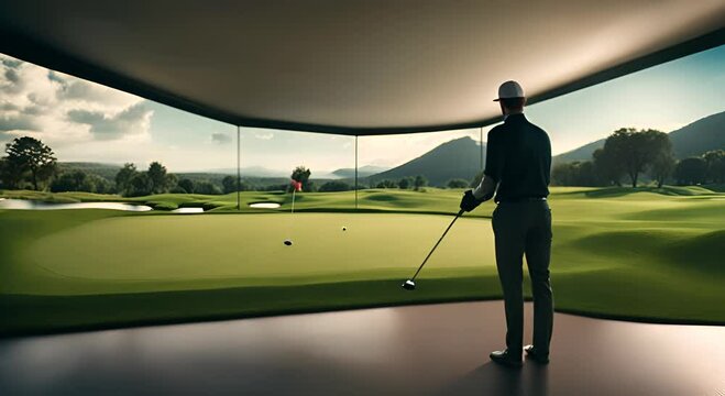 Modern golf simulator with a screen.