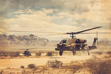 A hauntingly beautiful image of a lone Attack Helicopters AH-64 Apache, weathered and battle-worn, standing abandoned in a desolate desert graveyard
