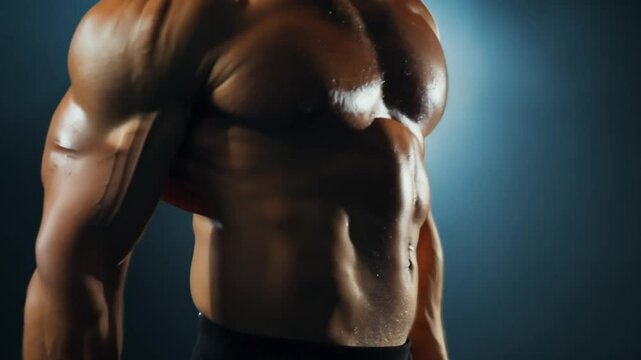 Strong athletic man showing muscular body and six pack abs on black background. Sexy naked torso, six pack abs. Male flexing his muscles. Close up on perfect abs. Strong bodybuilder with six pack. 4k 