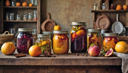 Rustic Charm: Homemade Fruit Preserves in a Cozy Kitchen - Ideal for Greeting Cards, Posters, Flyers, Banners, Backgrounds, Wallpapers, and Advertisements Featuring Fresh, Seasonal Produce