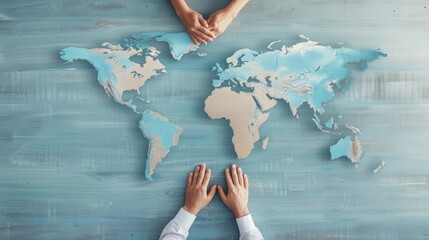 Three people sit at a table in front of a large world map