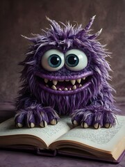 A purple monster with a cute smile and big eyes with a book