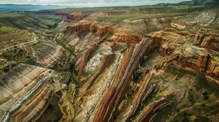 Aerial view of a vast canyon system, layers of colorful rock exposed, a river carving its path