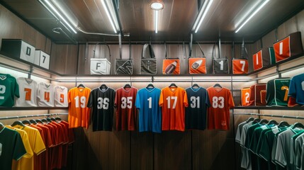 Colorful american football jerseys with player numbers hanging in the vibrant team locker room