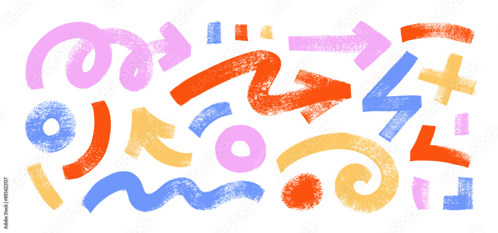 Poster various brush drawn bold arrows, swirls, circles and curved geometric lines. naive playful abstract 
