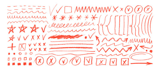 Collection of crayon drawn red underlines, brackets, dots and check marks for to do list and notes. Hand drawn pencil doodle stars, check marks, various lines for diagrams. Underline and emphasis icon