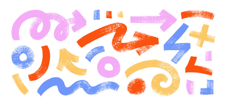 Various brush drawn bold arrows, swirls, circles and curved geometric lines. Naive playful abstract shapes in doodle grunge style. Kid colored vector geometric elements. Shapes for collages.