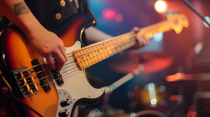 Fototapeta premium Close-up of a musician playing an electric bass guitar on stage, with vibrant lighting and drums in the background.