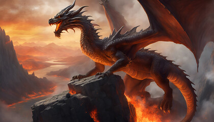 Majestic dragon, perched atop a cliff overlooking a fiery landscape, with smoke and ash rising into the air, intense, detailed, scales, dynamic, epic