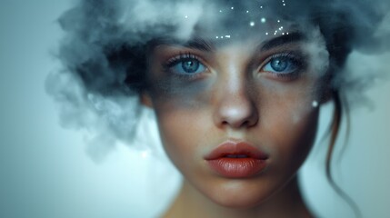 Surreal portrait of a woman with clouds and starry elements, blending fantasy and reality in an ethereal atmosphere.