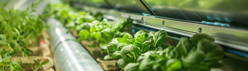 Closeup of lush green plants growing in an indoor hydroponic system, showcasing futuristic farming techniques and sustainability.