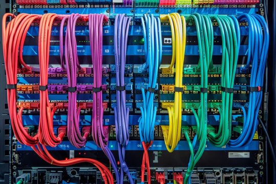 Network rack wiring diagram in blueprint style, color-coded cables, patch panel layouts, meticulous labeling