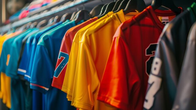 Colorful sports jerseys with numbers in locker room, american football uniforms display