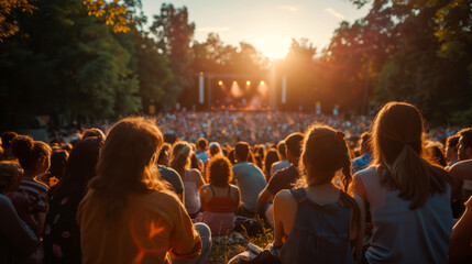 Large crowd is enjoying a concert at an outdoor venue as the sun sets