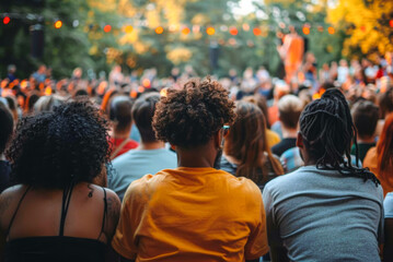 Fototapeta premium Large crowd enjoying an outdoor music festival in a park, watching a performance on stage