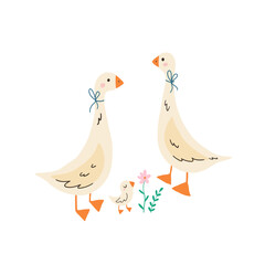 Cute cartoon goose with flowers. Spring cartoon print. Vector cute bird. Happy Easter print in flat style. Isolated on white background. Good for posters, t shirts, postcards.