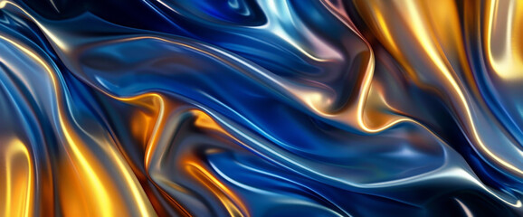 Fototapeta premium Abstract background with fluid metallic shapes in vibrant colors. The silk-like wavy texture of the fabric