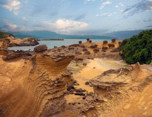 Canyons and hoodoo rock formations on the northeast coast of Taiwan. Yehliu Geopark, Yehliu cape, New Taipei City, Taiwan