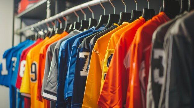 Vibrant sports jerseys   american football uniforms hanging in a sports locker room