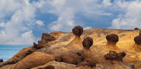 Awe-inspiring hoodoo rock formations on the northeast coast of Taiwain. Yehliu Geopark, Yehliu...