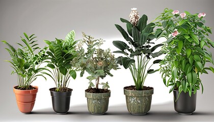 Obraz premium different types of plant in a pot with white and gray background, Collage with different potted plants on white-gray background 