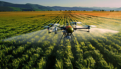 iot smart agriculture industry 4.0 concept, drone (in precision farm) use for spray a water, fertilizer or chemical to the field, farm for growth a yields,crops, use for control, kill the bug or weed