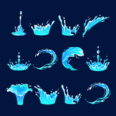 Set of blue water splashes. Water drops collection. Vector illustration