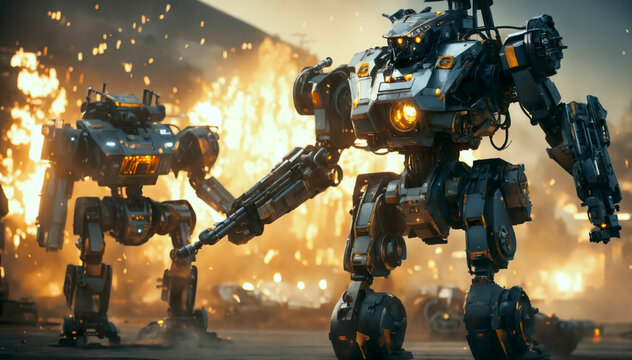 2 two robots machine mecha with weapon armory. art style. Alien invaders attacking metropolis in flame. Battle transformer warrior armed with laser gun standing on ruins of modern city, futuristic war