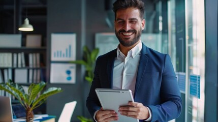 Fototapeta premium A smiling businessman is thoroughly examining data on his tablet while seated in a contemporary, professional office setting