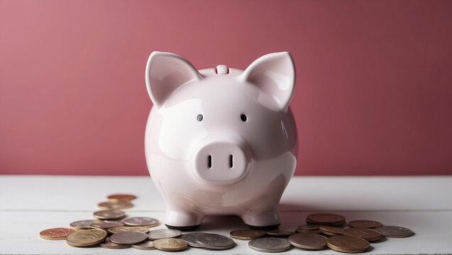 White ceramic piggy bank on white surface with scattered silver coins in front of it. Money savings